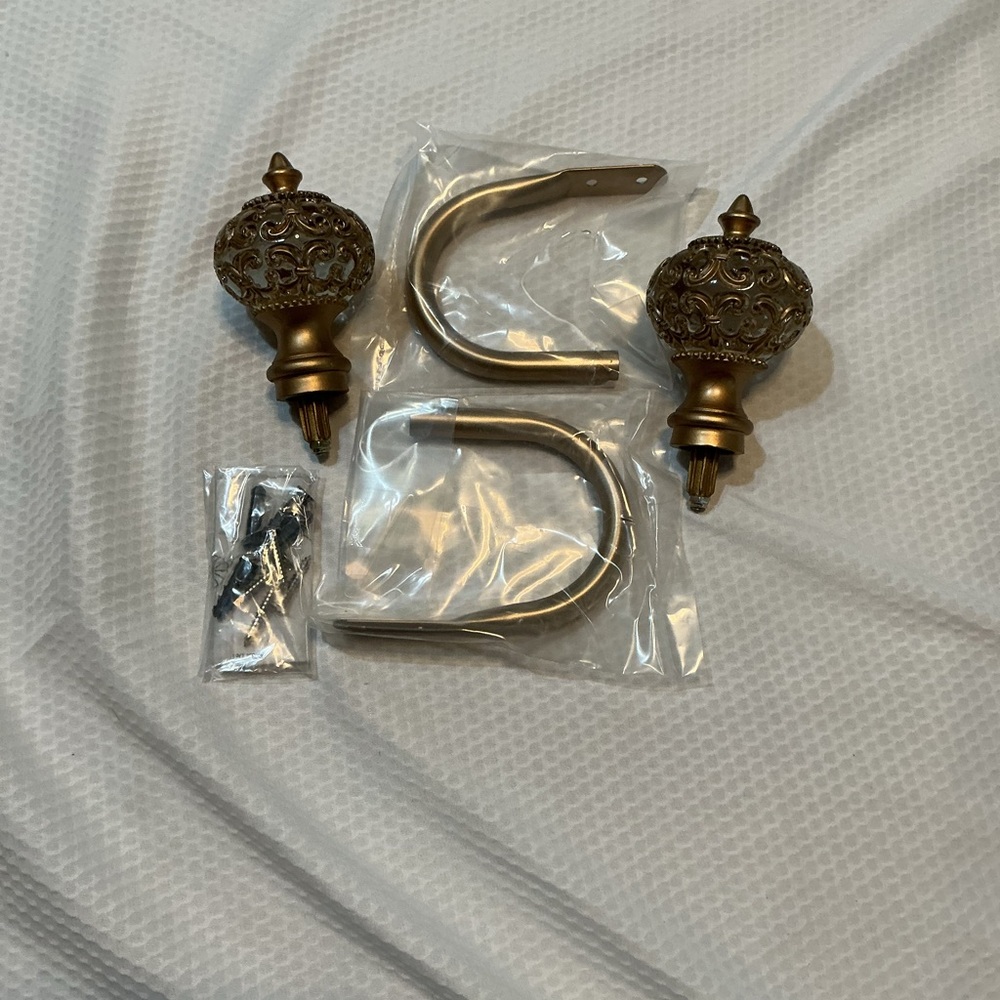 Ornate Gold Curtain Rod Finials and Brackets - Home Wall Decor